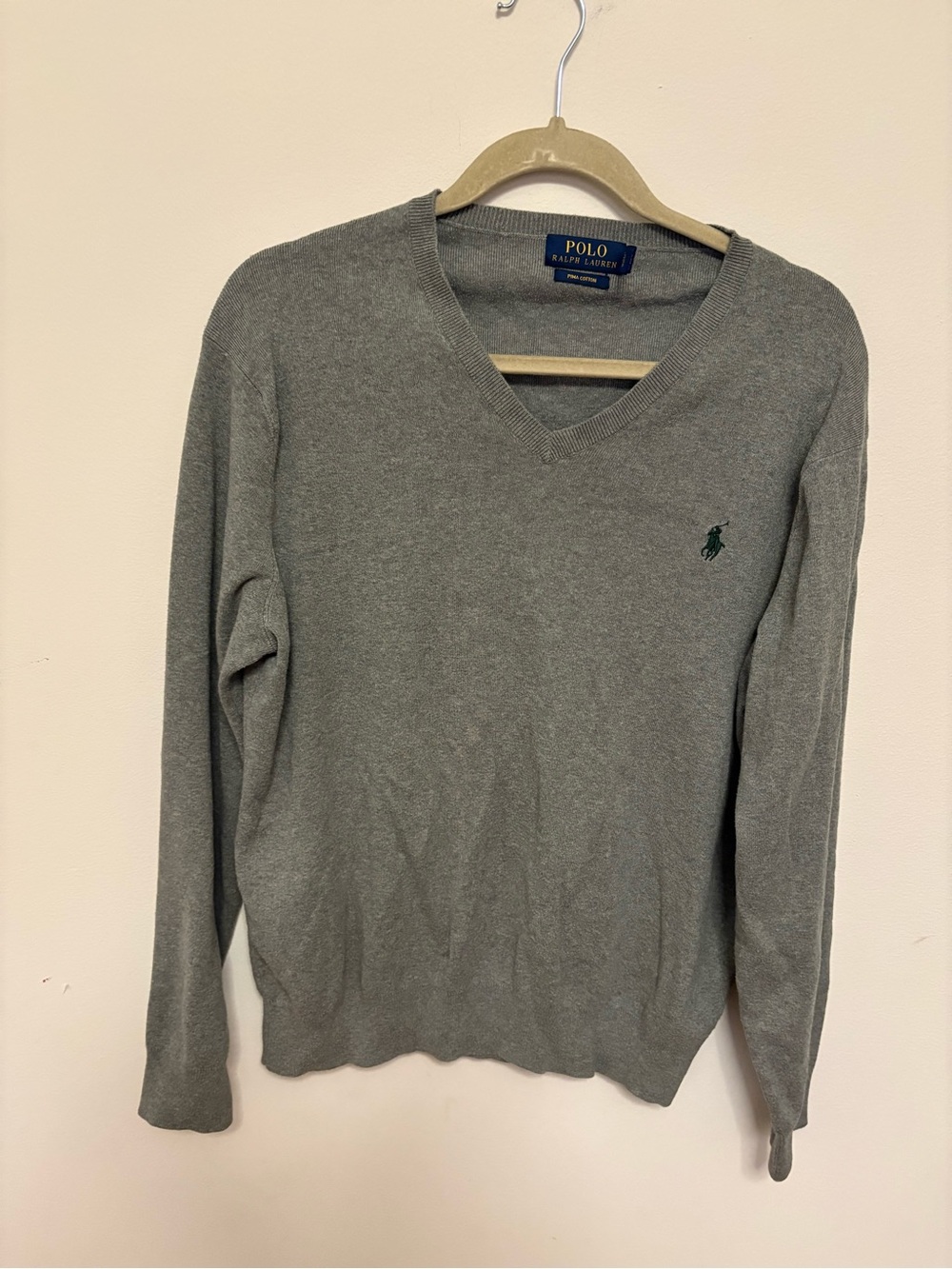 Polo Ralph Lauren Medium Gray V-neck Pima Cotton Sweater Size M minimalist
